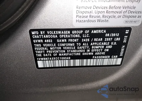 2012 Volkswagen Passat 2.0L Tdi Se z USA, uszkodzony, nr VIN 1VWBN7A3XCC109349